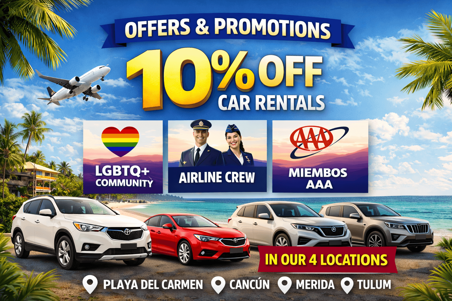 10% Discount Car Rental for LGBTQ+, Airline Crew & AAA in Cancun, Playa del Carmen, Tulum & Mérida